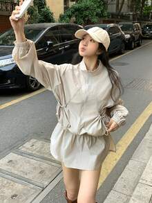 Áo khoác nữ dáng rộng thoải mái, có dây rút ở eo, viền bèo nhún và cổ đứng, áo cardigan nhẹ kiểu đường phố ngoài trời, thích hợp cho mùa xuân/hè. - Màu be - Xem 8