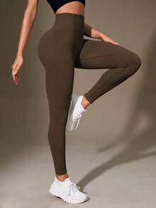 SHEIN Sports 女式高腰罗纹无缝修身打底裤 - 云朵柔软 第二层肌肤柔软度 速干透气 四向弹力打底裤 适合跑步 骑行 瑜伽 泡菜球 运动 休闲装，黑色 - 棕色 - 查看 5