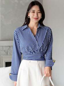 DAZY Women's Elegant Striped Collared Shirt, Autumn - Blue - View 3