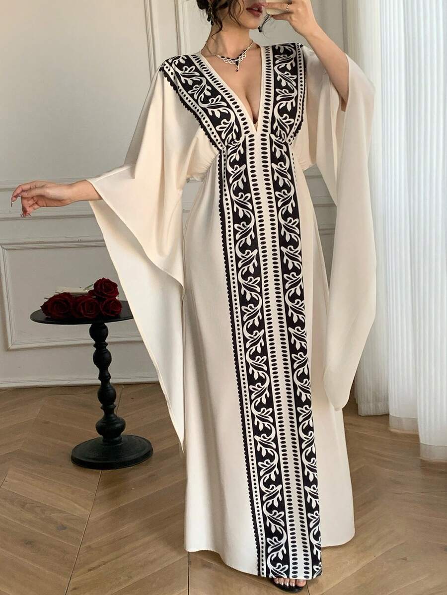 Celisse Women's Elegant Deep V-Neck Floral Print Loose Batwing Sleeve Dress - Multicolor - View 1