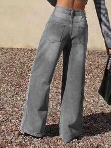 Livesso Women's Casual High Waist Loose Fit Wide Leg Washed Denim Jeans, Versatile For Daily Commute - Grey - View 2