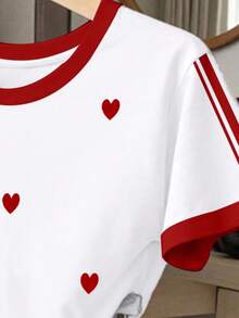 2pcs/Set Teen Girls Casual Heart Print Short Sleeve T-Shirt And Striped Shorts Set, Comfortable And Versatile For Spring, Summer, Autumn - White - View 6