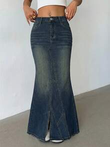 Aloruh Women's Casual Washed Asymmetric Pocket Fishtail Hem Denim Mini Skirt, Summer - Blue - View 8