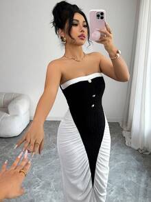 Elenzga Spring/Summer New Backless Tube Pearl Button Design Splicing Contrast Color Pleated Waist Bodycon Casual Sexy Elegant Lady Dress - Black and White - View 7
