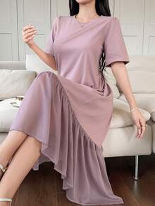 DAZY Women's Elegant Patchwork Ruffle Trim Round Neck Midi Dress Wedding Guest Dress - Purple - View 7