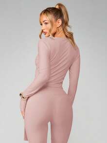 MISSGUIDED Ribbad långärmad bodycon-midiklänning med fyrkantig halsringning och knytband i sidan för kvinnor - Rosa - Visa 2
