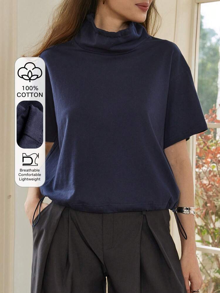 Women's Solid Color Stand Collar Casual Versatile Commuting Short Sleeve T-Shirt