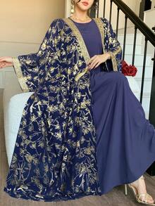 DAZY Women's Regular Jacket With Metallic Gold, Flared Sleeves, Fringes, 3/4 Sleeve Robe Dress - Royal Blue - View 1