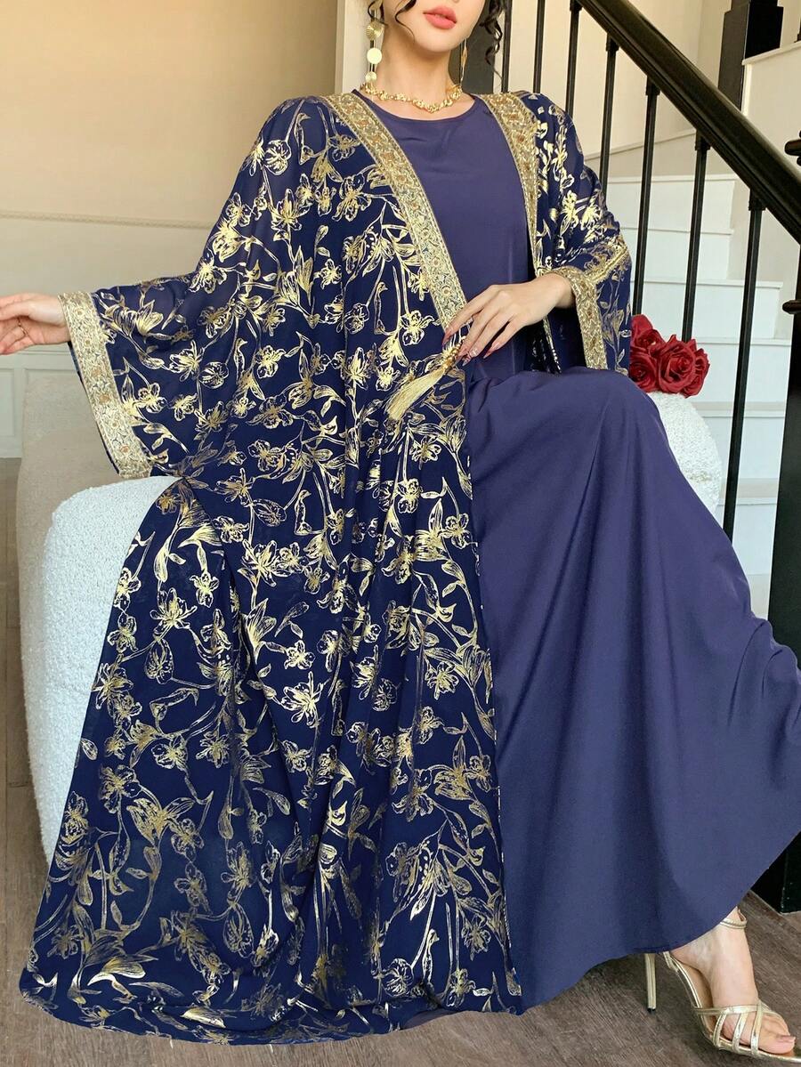 DAZY Women's Regular Jacket With Metallic Gold, Flared Sleeves, Fringes, 3/4 Sleeve Robe Dress - Royal Blue - View 1