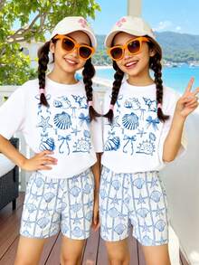 SHEIN 春夏少女休闲时尚创意个性清新优雅简约海星贝壳海螺蝴蝶结波浪线图案印花休闲基础款短袖T恤和短裤套装，舒适日常穿着，温暖夏日风格，适合春夏少女。 - 彩色 - 查看 3