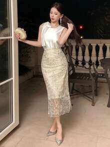 DAZY Women's Regular Waist Lace Fabric Long Straight Elegant Skirt - Champagne - View 3