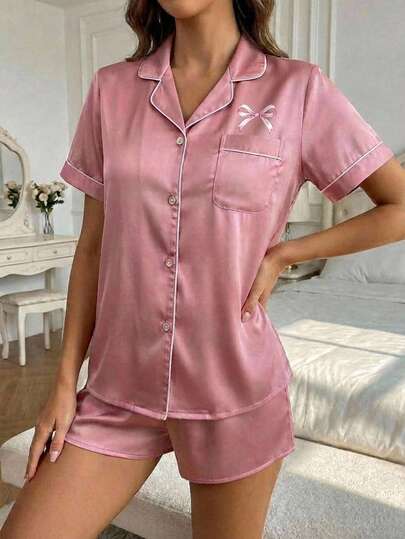 Conjunto de pijama de mujer con pajarita a rayas de seda sintética, solapa y pantalones cortos de manga corta