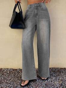 Livesso Women's Casual High Waist Loose Fit Wide Leg Washed Denim Jeans, Versatile For Daily Commute - Grey - View 4