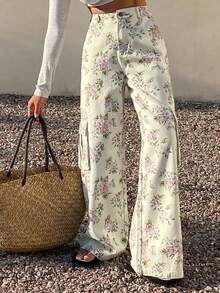 Livesso Fashion Cargo Style High Waist Printed Pocket Casual Women Jeans