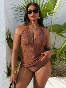 Slaydiva Plus Size Women 2 Pieces Lace Trim Tankini Swimwear, Summer Vacation - Coffee Brown - View 4