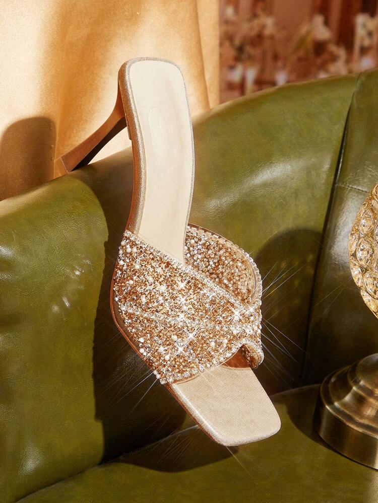 CUCCOO TILAWA Fashionable Square Toe Stiletto High Heel Champagne Color Full Rhinestone Transparent Jelly One-Piece Slip-On Sandals, Elegant Sexy Party Heels For Women Valentine's Day