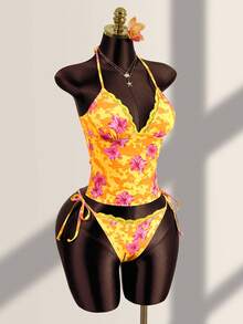 Zestiva Women's Summer Vacation Casual Beach Wear Tropical Floral Print Strapless Bandeau Tied Camisole Strap Bikini Lace Trim 2-Piece Swimsuit Set - Multicolor - View 5