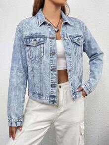 SHEIN ICON 女士休闲日常水洗前扣牛仔夹克 - 淺色水洗藍 - 查看 3