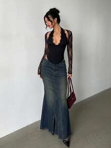 Aloruh Women's Casual Washed Asymmetric Pocket Fishtail Hem Denim Mini Skirt, Summer - Blue - View 4