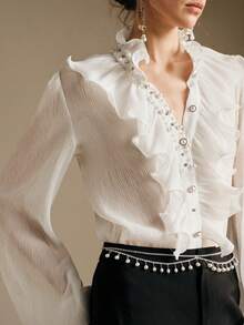 Arave 女士荷叶边长袖手工水钻休闲衬衫。情人节度假优雅女士上衣 - 白色 - 查看 2