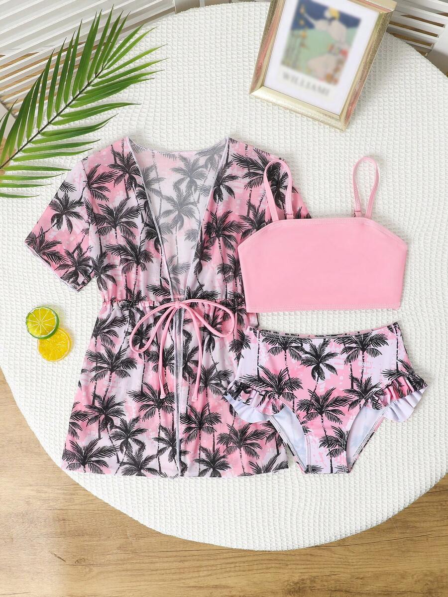 Young Girl Palm Tree Print Swimsuit Set With Kimono Cover-Up - Pink - View 1