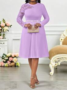 SHEIN Lady Vestido midi elegante de encaje con parches de unicolor morado para mujer de talla grande, vestido de Pascua, vestido de graduación, vestido de invitada de boda, vestido bohemio de vacaciones y crucero para mujer, vestidos formales para mujer en otoño, ropa de mujer de vuelta al colegio, vestido de verano, vestido de primavera, vestidos casuales - Morado - Ver 4