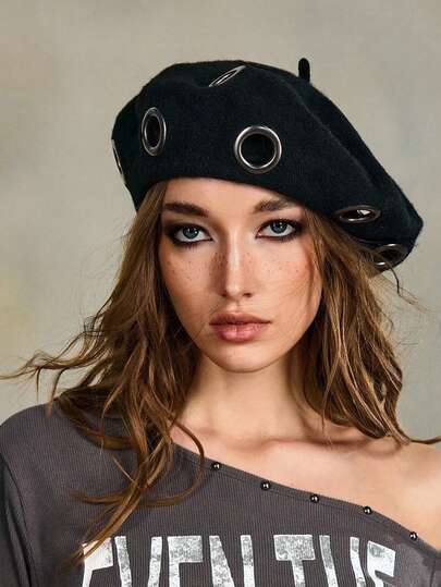 Grunge Punk 1pc Punk Style Metal Ring Beret Hat, Spcial Designal Hat, Suitable For Daily Wear And Parties, All Seasons