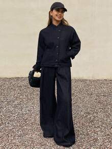 DAZY 女士宽松牛仔外套，立领设计，搭配阔腿裤，休闲优雅牛仔套装 - 深色水洗藍 - 查看 6