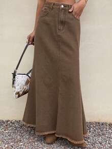 DAZY Chân váy ngắn denim đuôi cá màu trơn, kiểu dáng thường ngày, viền tua rua, dành cho nữ, thích hợp cho mùa xuân/hè. - màu nâu - Xem 6