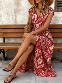 Balvessa Women's V-Neck Waist Cinched A-Line Long Dress, Floral Print On Red Background - Red - View 4