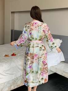 DAZY Satin Abstract Nature Print Color Block Long Robe For Women - Mint Blue - View 2