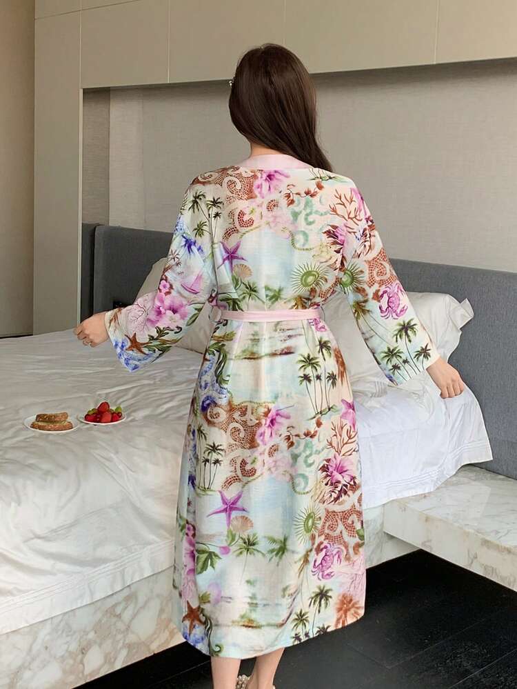 Satin Abstract Nature Print Color Block Long Robe For Women