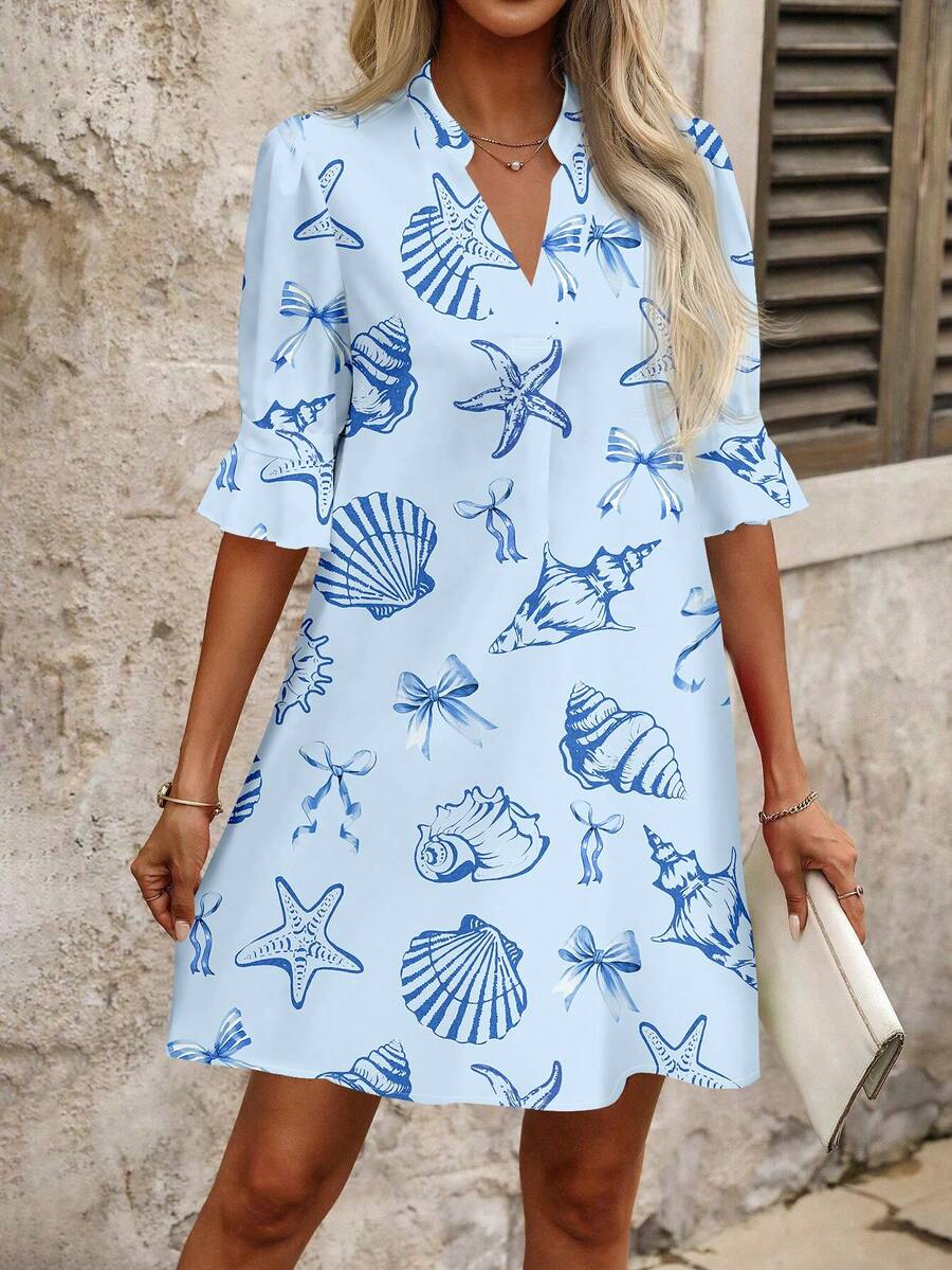 SHEIN Clasi Women's V-Neck Starfish & Shell Print Casual Vacation Mini Dress - Baby Blue - View 1