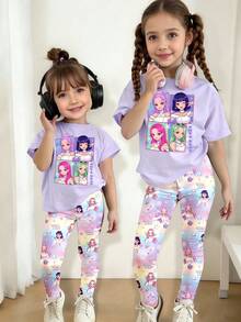 Spring, Summer & Autumn Young Girl Casual Fashion Creative Personalized Refreshing Minimalist Cool Virtual Girl Group Colorful Star Diamond Moon Gradient Typography Graphic Print Comfortable Basic Short T-Shirt And Leggings Set, Cozy Summer And Fall Styles Suitable For Spring, Summer, Autumn - Multicolor - View 3