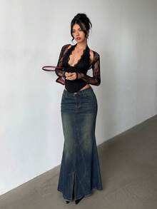 Aloruh Women's Casual Washed Asymmetric Pocket Fishtail Hem Denim Mini Skirt, Summer - Blue - View 3