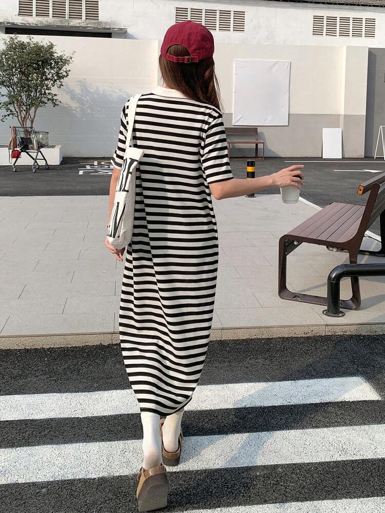 Women's Collared Striped Korean Style Mid-Length Dress