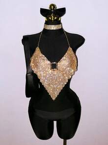 SHEIN DivaQ Women's Metal Halter Neck Top, Sexy Backless Top, Suitable For Music Festivals, Carnivals, And Parties Sparkle Top Rhinestone Top - Gold - View 3
