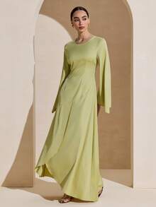 Graceveil Đầm satin nữ kiểu Ả Rập, tay áo rộng, xếp ly eo, vạt bất đối xứng. - màu xanh lá - Xem 9