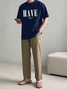 DAZY Men's Letter Print Short Sleeve T-Shirt, Navy Blue, Summer - Navy Blue - View 6