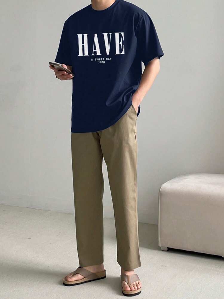 Men's Letter Print Short Sleeve T-Shirt, Navy Blue, Summer