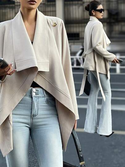 DAZY Women's Solid Color Asymmetric Hem Lapel Casual Long Sleeve Trench Coat