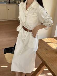 DAZY 春季女士休闲白色口袋翻领系带中长连衣裙 - 白色 - 查看 5