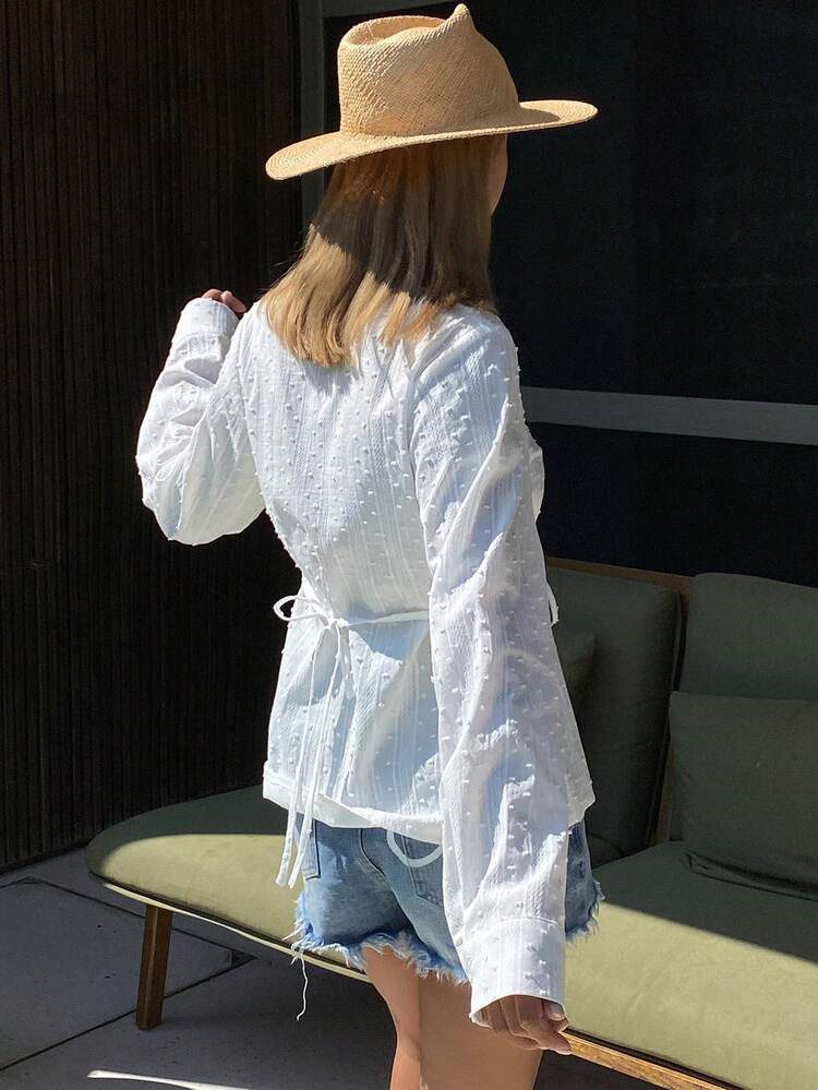 Women's Solid Color Textured Jacquard Fitted Waist V-Neck Tie Front Long Sleeve Elegant Blouse, Spring/Autumn