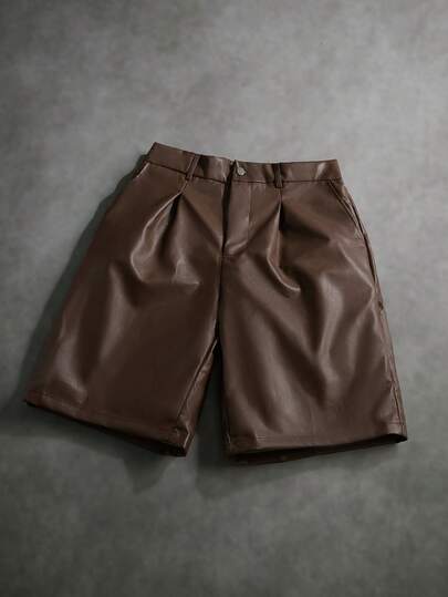 STYNVO Pantalones cortos casuales de piel de ante marrón para hombres, de pierna recta, de moda y versátiles