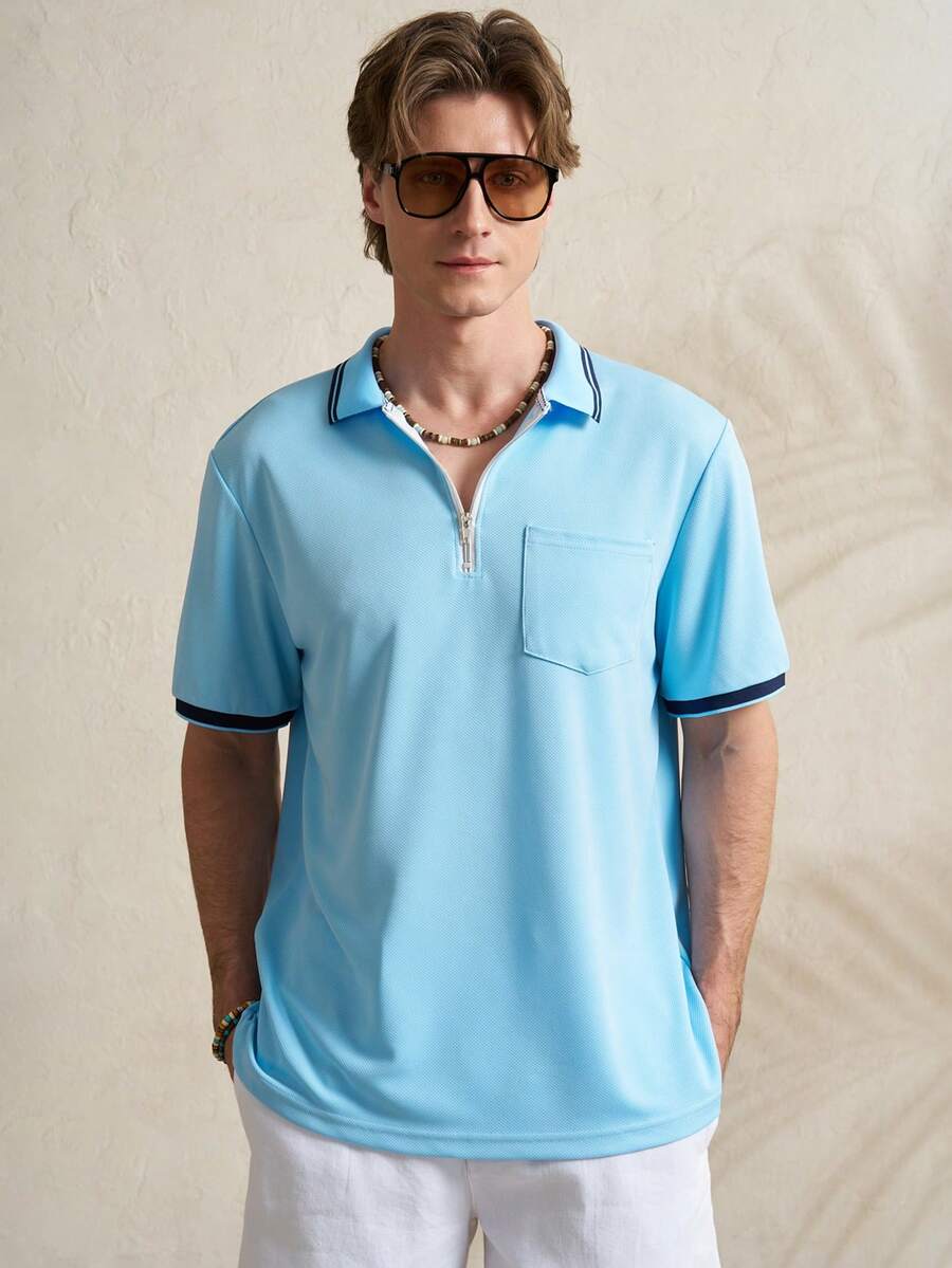 Airaco 男士休闲撞色滚边短袖Polo衫，夏季 - 彩色 - 查看 1