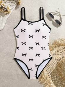 SHEIN Tween Girl Bow Tie Print One-Piece Swimsuit, Summer Beach Vacation One Piece Swimsuit Bow Bathing Suit Swimsuit With Bows Bow Print Swimsuit Kids Bathing Suit White Bathing Suit White One Piece Swimsuit Bodysuit For Teen Girl 13 Year Old Girl Swimsuit Girl Swimwear Swimwear For Girls 8 Tweens Swimsuit Bows Kids Swimsuits Bathing Suits For Girls Girl Swimsuits Kids One Piece Swimsuit Tween One Piece Suit - Black and White - View 1