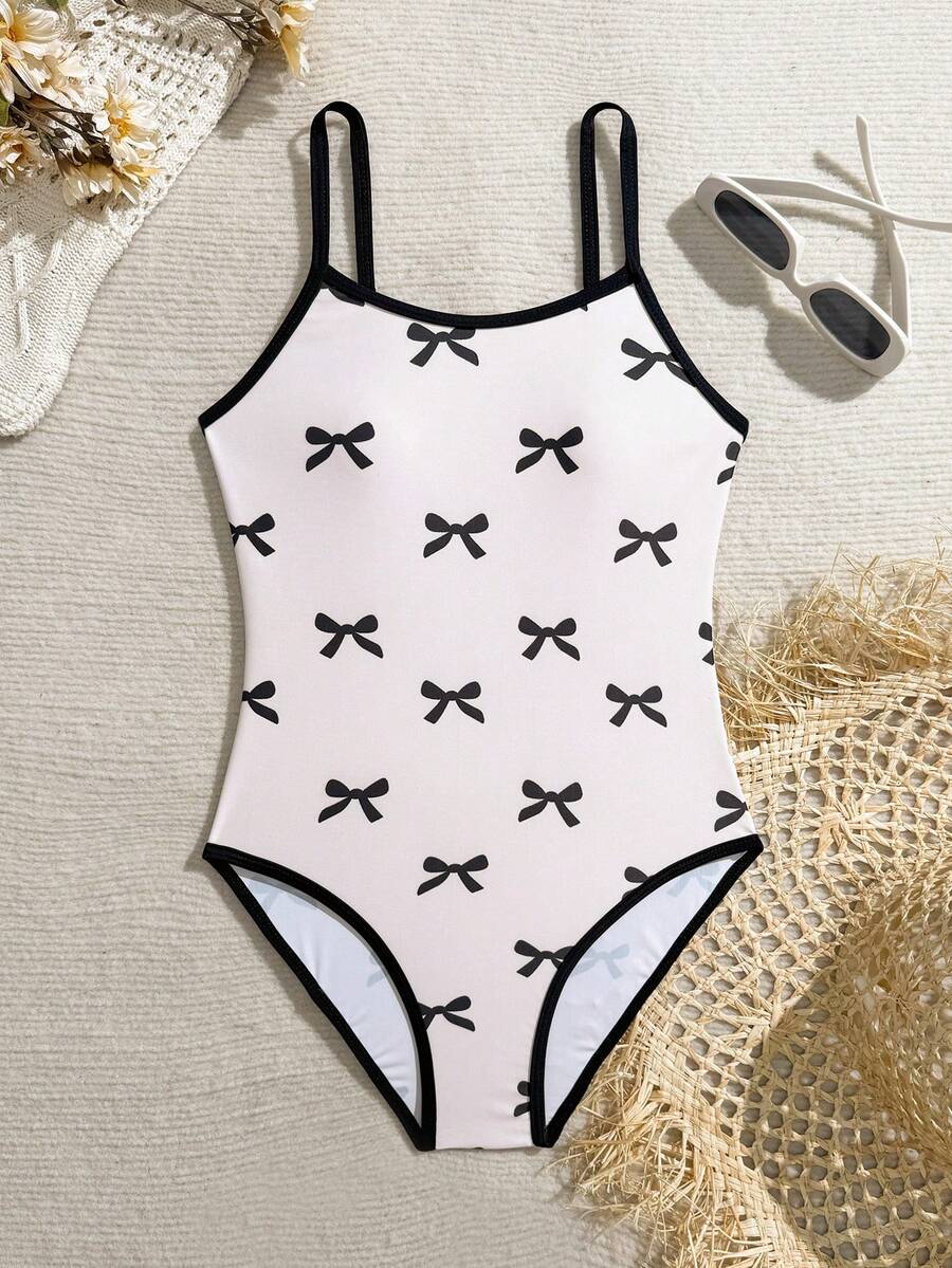 SHEIN Tween Girl Bow Tie Print One-Piece Swimsuit, Summer Beach Vacation One Piece Swimsuit Bow Bathing Suit Swimsuit With Bows Bow Print Swimsuit Kids Bathing Suit White Bathing Suit White One Piece Swimsuit Bodysuit For Teen Girl 13 Year Old Girl Swimsuit Girl Swimwear Swimwear For Girls 8 Tweens Swimsuit Bows Kids Swimsuits Bathing Suits For Girls Girl Swimsuits Kids One Piece Swimsuit Tween One Piece Suit - Black and White - View 1