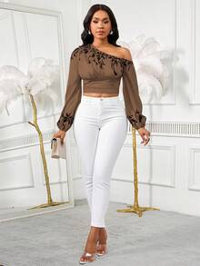 Lureya 女士时尚斜肩灯笼袖弹力袖口腰部上衣，度假印花休闲通勤装 - 彩色 - 查看 5