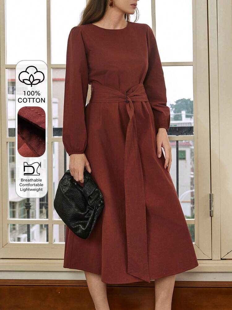 Women's Elegant Front Tie Lantern Sleeve Long Dress, Autumn Business Casual Woman Sundress
