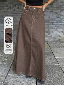 DAZY Women's Regular Waist Long A-Line Skirt, Casual Street & Urban Lifestyle Denim Skirt - Brown - View 1